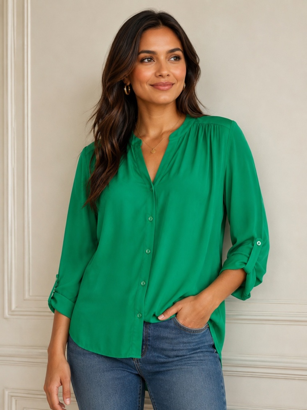 NWOT Green Button Up Long Sleeve Dressy Blouse | Laura Size 6 | Roll Tab Sleeves